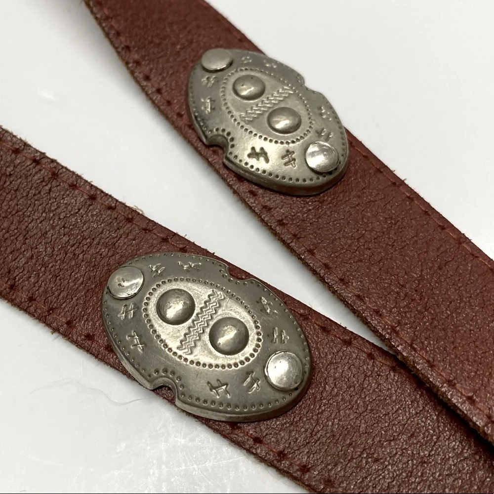 Access Genuine Leather Brown Belt Silver Buckle Conchos Western Rodeo Moto Sz M